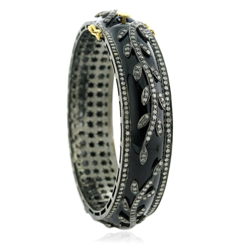 Art Nouveau Black Enamel Bangle with Rose Cut Diamonds Made in 18kt Gold & Oxidised Silver For Sale
