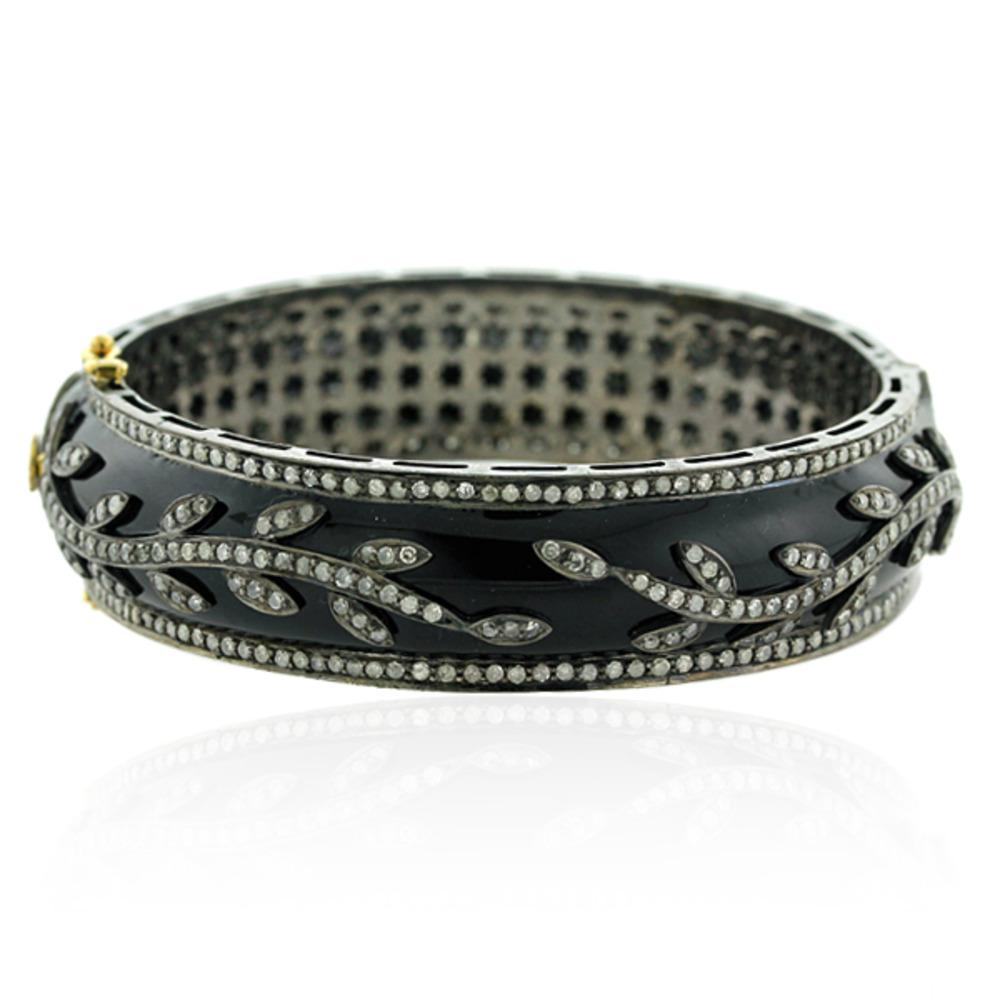 Black Enamel Bangle with Rose Cut Diamonds Made in 18kt Gold & Oxidised Silver In New Condition For Sale In New York, NY