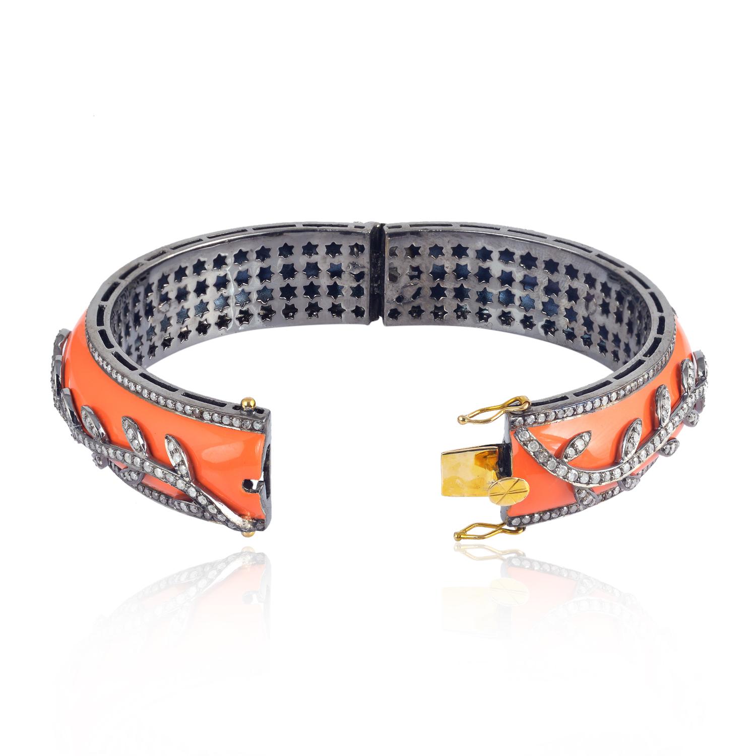 Art Nouveau Bangle con smalto nero e diamanti taglio rosa in oro 18kt e argento ossidato in vendita