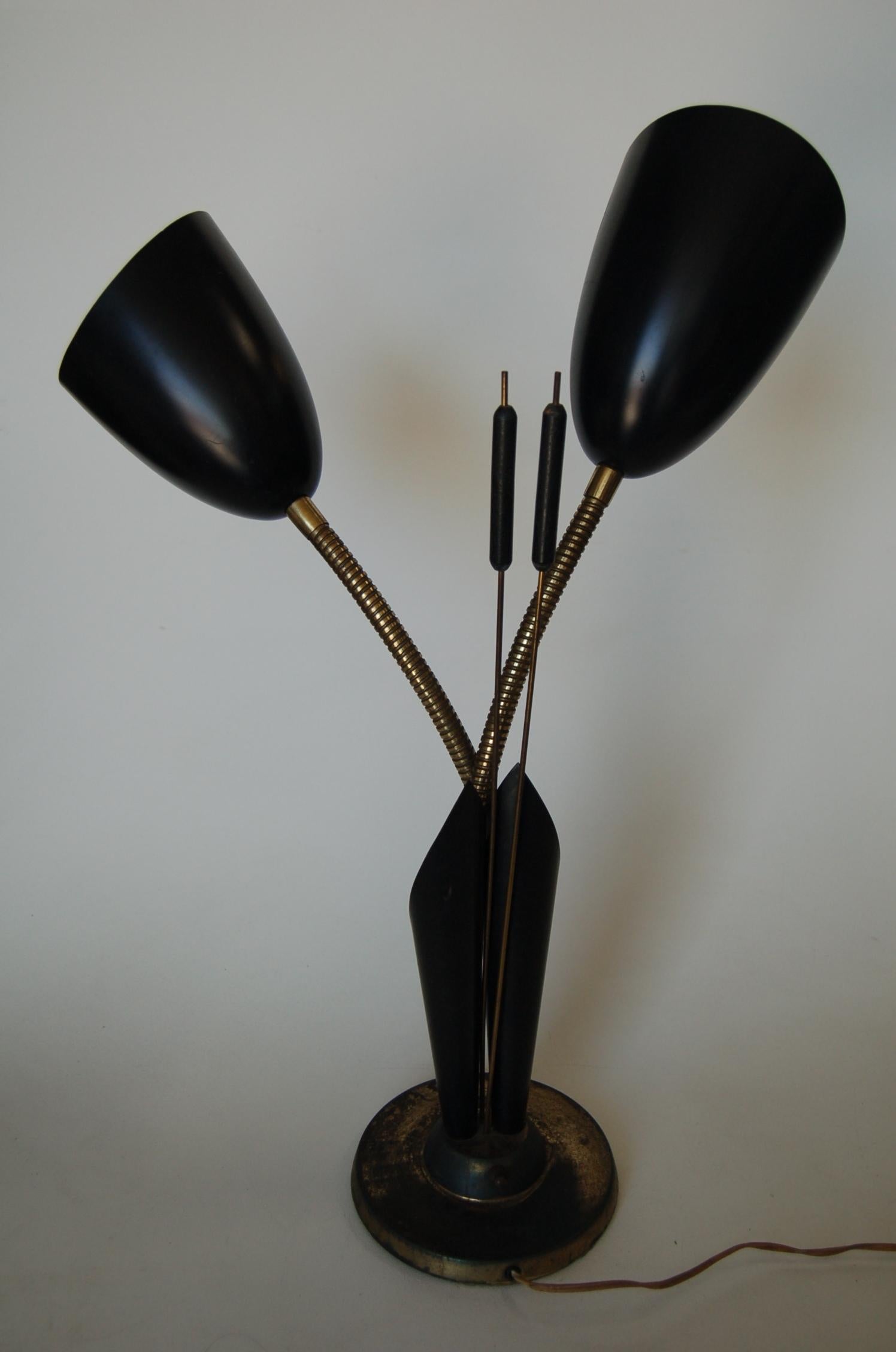 Black Enamel Brass Double Gooseneck Adjustable Calla Lily Desk Lamp In Excellent Condition In Van Nuys, CA