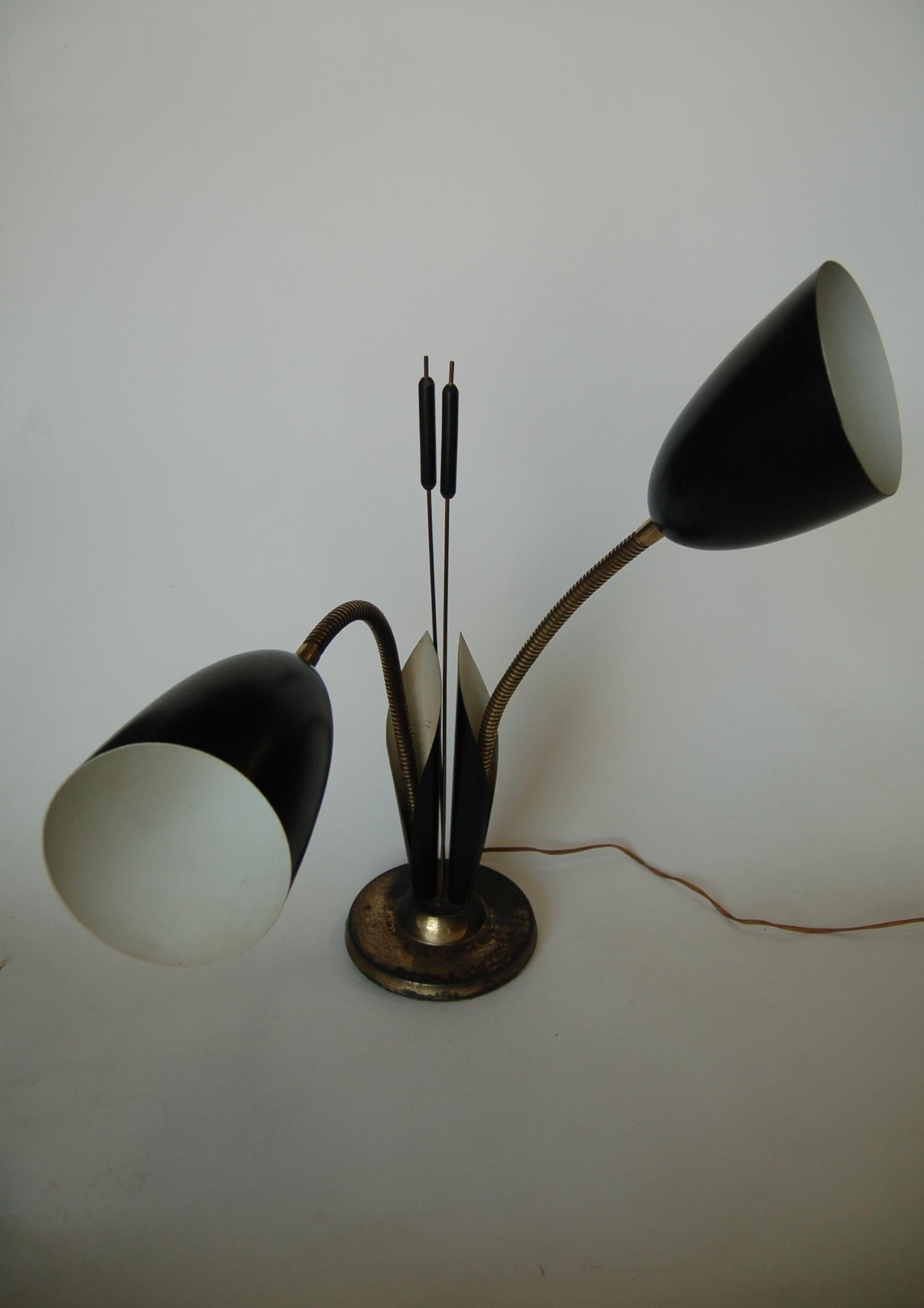 Mid-20th Century Black Enamel Brass Double Gooseneck Adjustable Calla Lily Desk Lamp