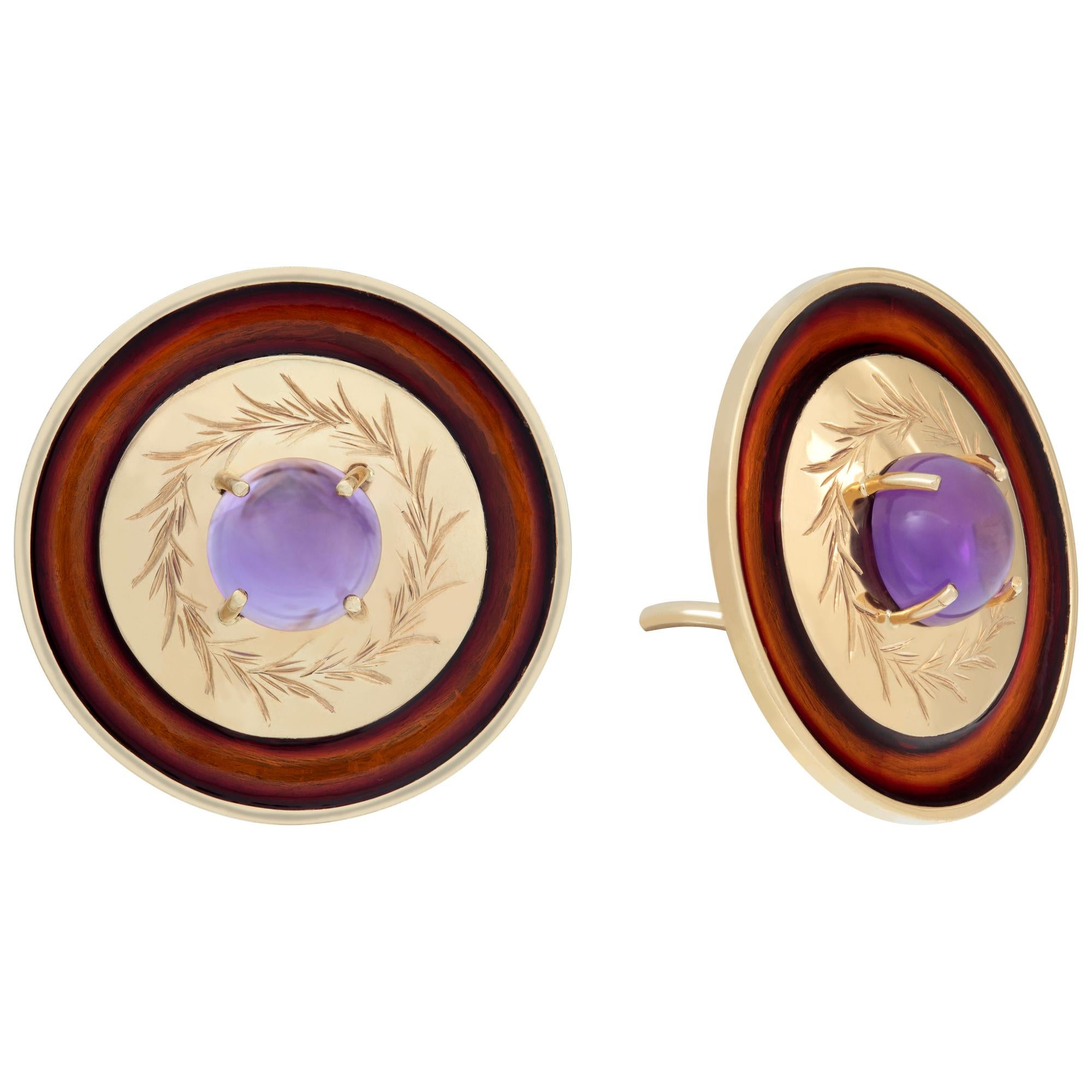 Black enamel & cabochon amethyst disc earrings in 14k. Diameter is 1