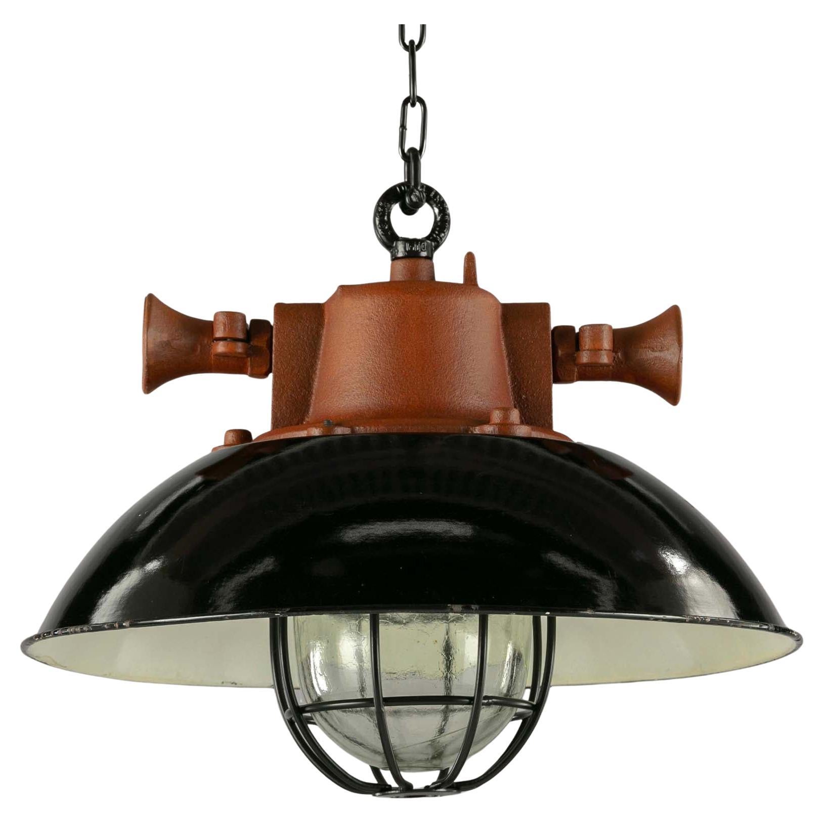 Black Enamel Caged Industrial Pendant Lights, Czechoslovakia, 1950s For Sale