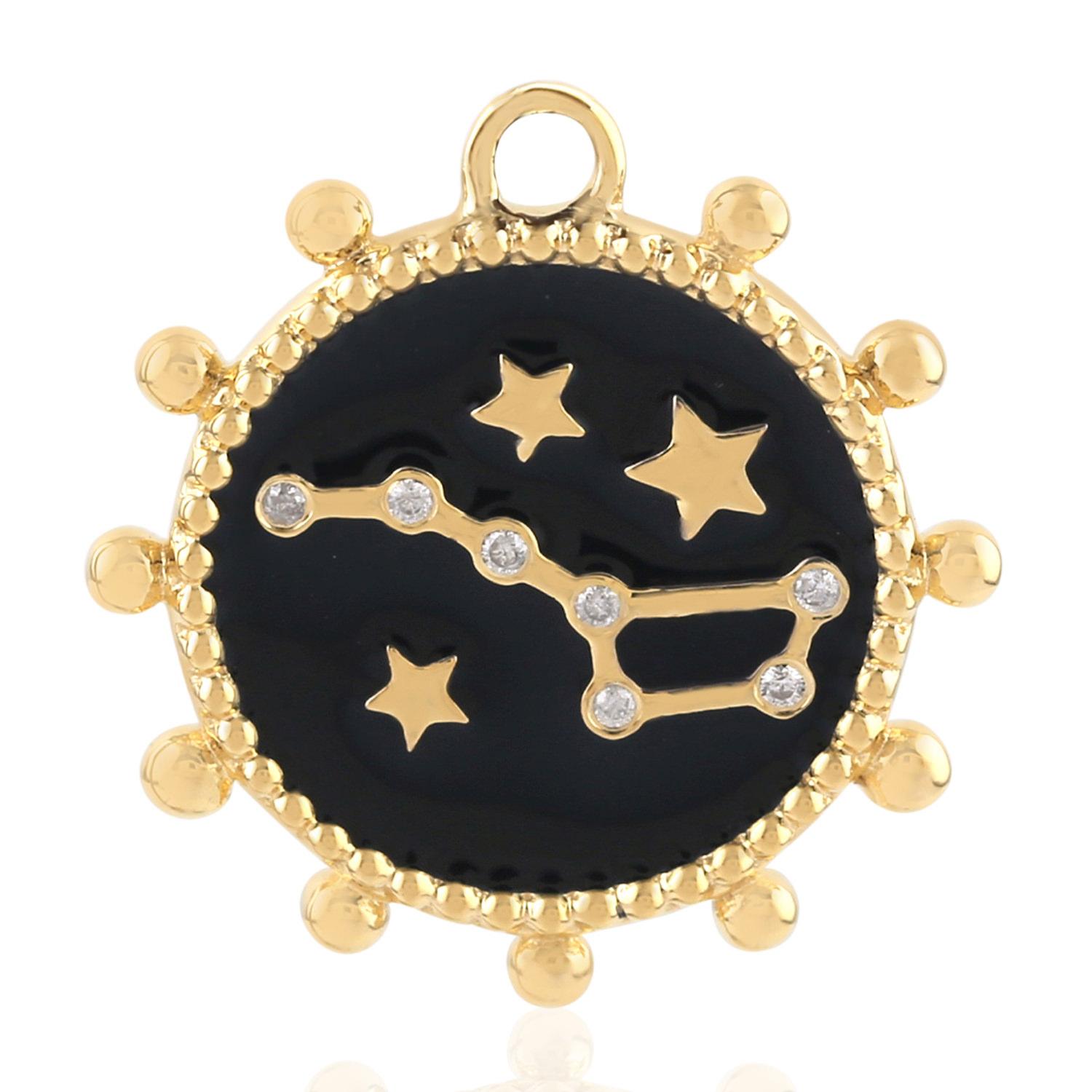 Collier en émail noir, croissant de lune, médaillon en or 14K, breloque en diamant Neuf - En vente à Hoffman Estate, IL
