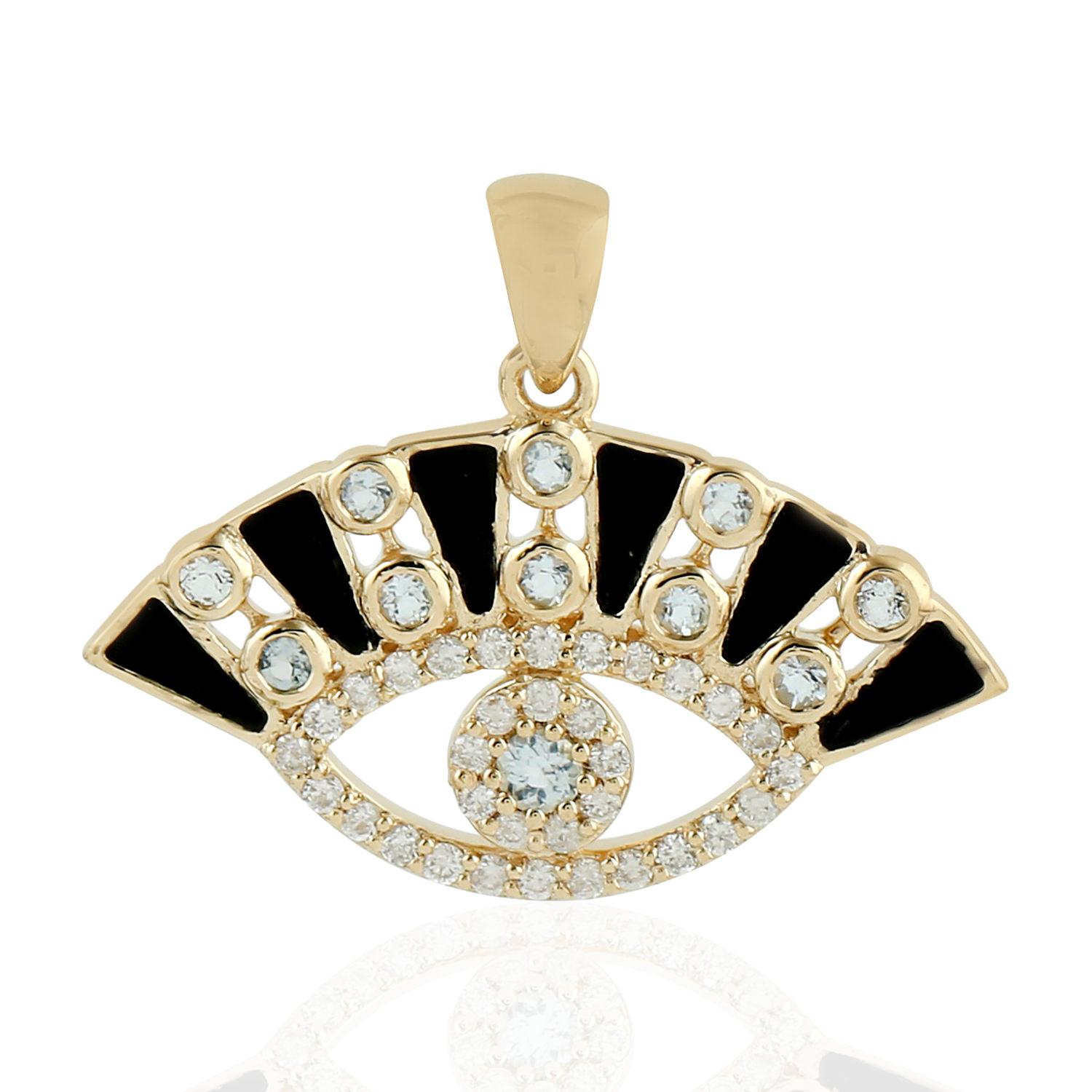 Round Cut Black Enamel Crescent Moon 14K Gold Medallion Charm Diamond Pendant Necklace For Sale