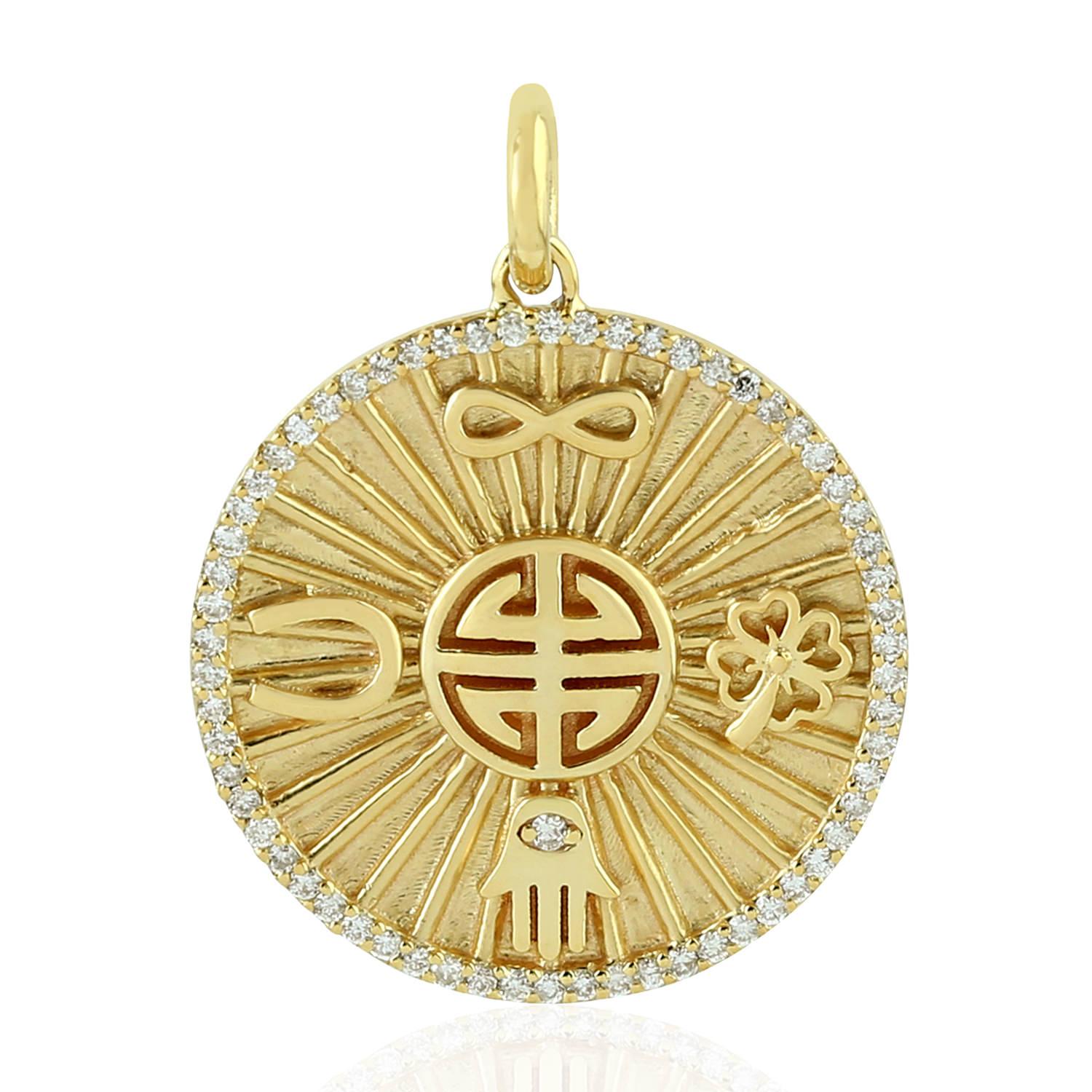 Women's or Men's Black Enamel Crescent Moon 14K Gold Medallion Charm Diamond Pendant Necklace For Sale