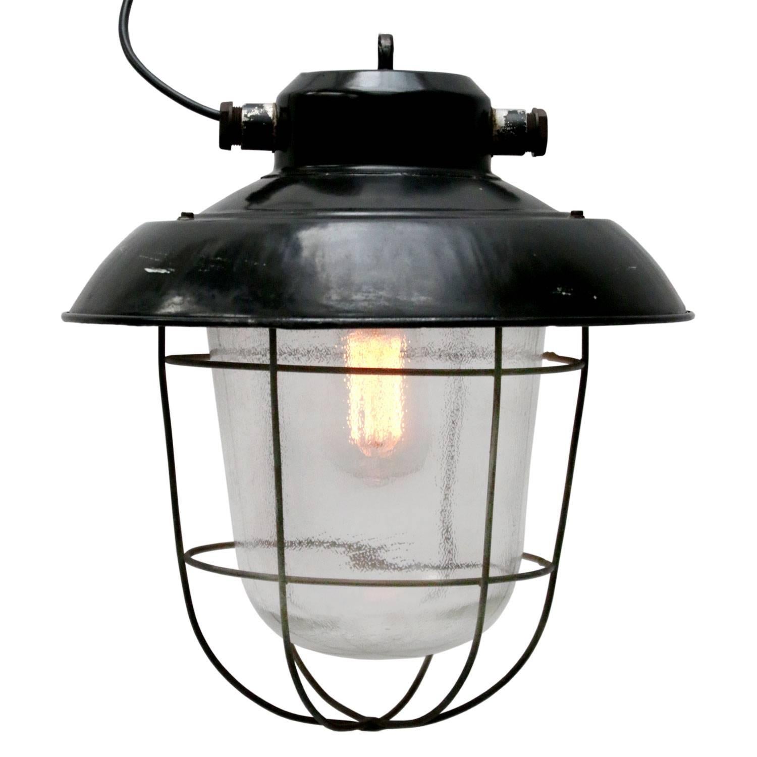 Black Enamel Clear Glass Vintage Industrial Lamp Pendants (3x) 3