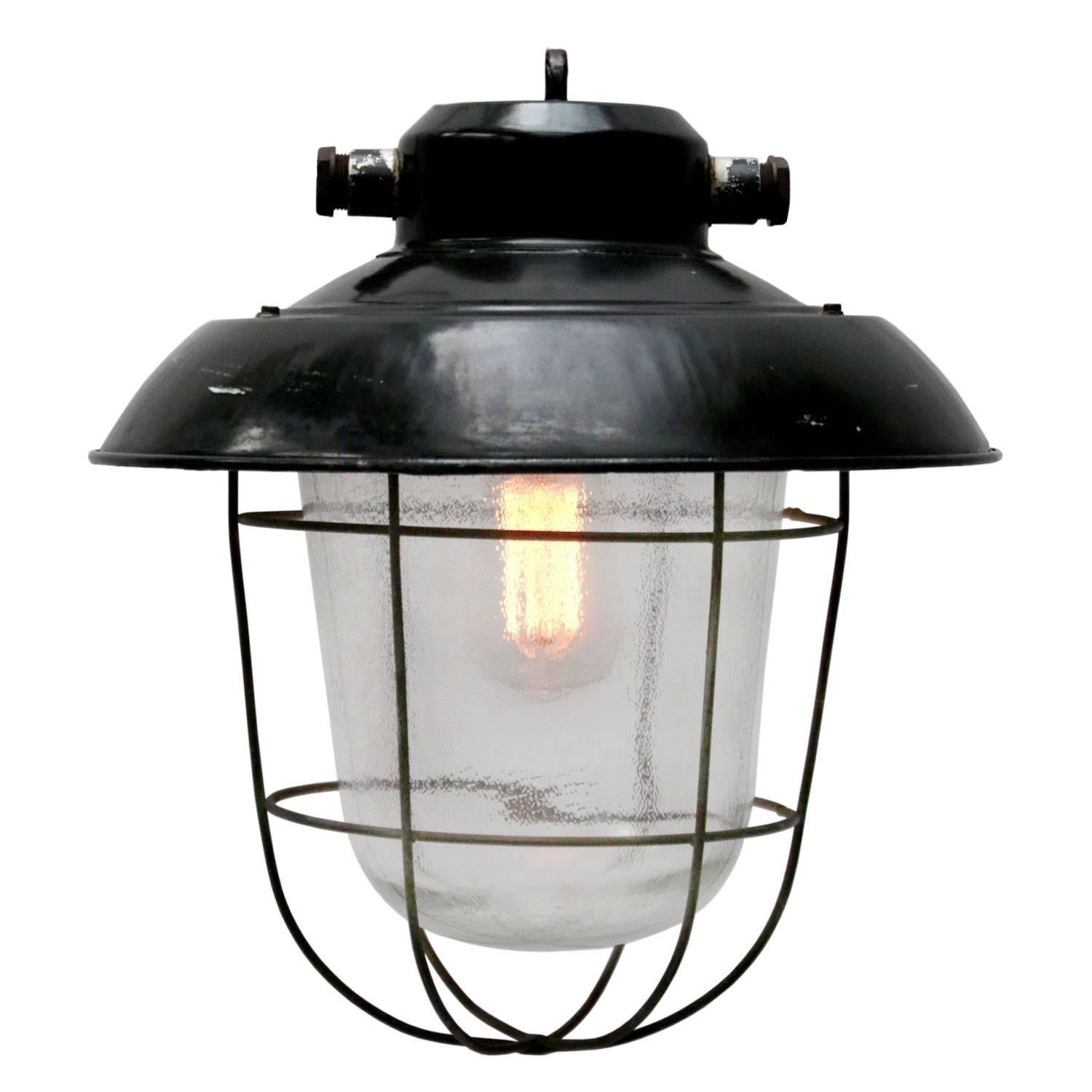 Black Enamel Clear Glass Vintage Industrial Lamp Pendants (3x)