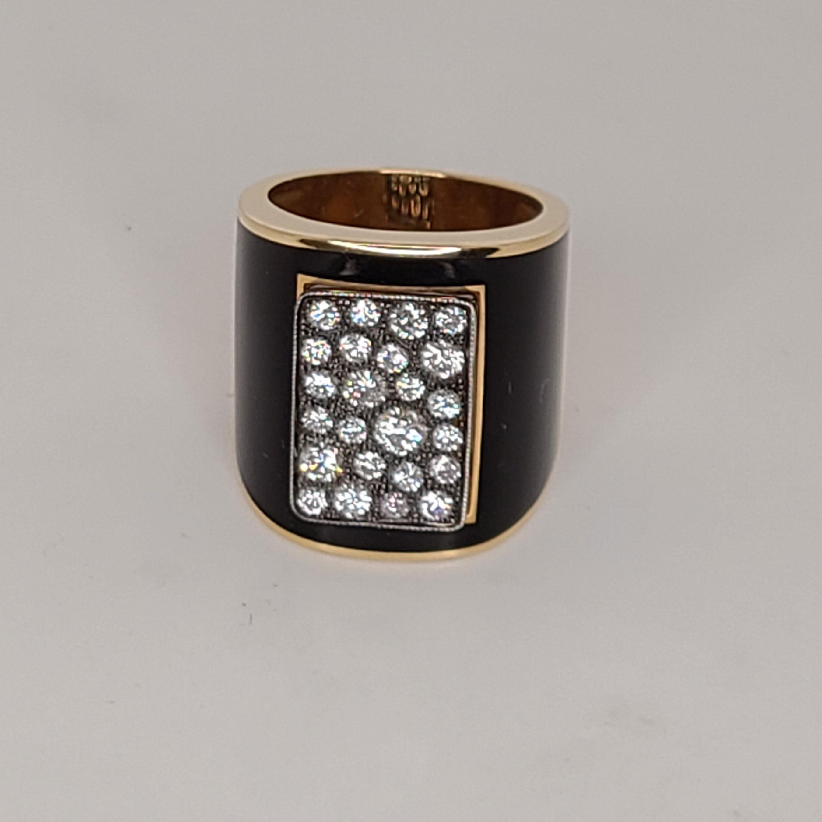 This rare 18K Rose Gold Ring is inlay-ed with black French enameling and has 24 pave-set Diamonds of 0.97cts on top. It has black finish in between the Diamonds to give it a rustic look and an impression of ancient cobble stone feeling on its top