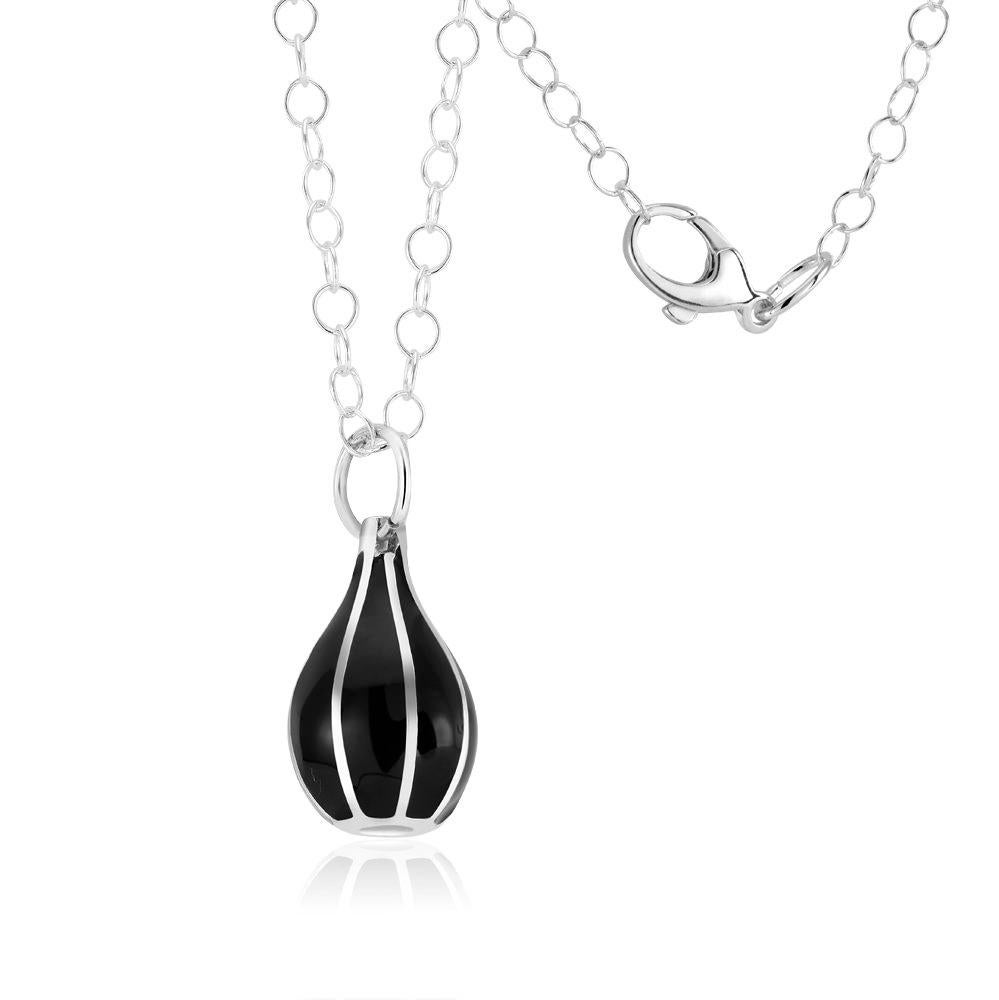 Contemporary Black Enamel Cone Charm 36 Inches Long Silver Pendant Necklace