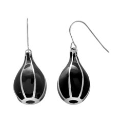 Black Enamel Cone Shape Drop Hoop Silver Earrings