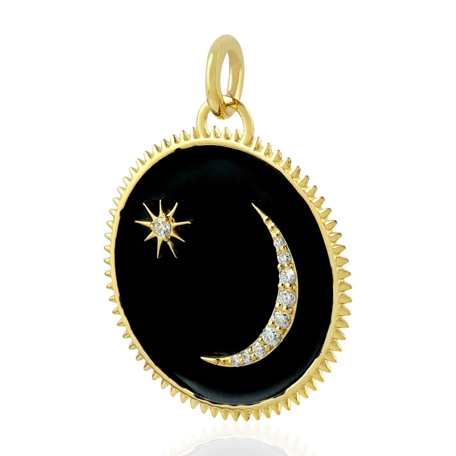The 14 karat gold pendant medallion is set with black enamel and .11 carats of shimmering diamonds.  This medallion represents learning each day and growing to be a better individual.  Moon signifies peace & tranquility in life.

FOLLOW  MEGHNA