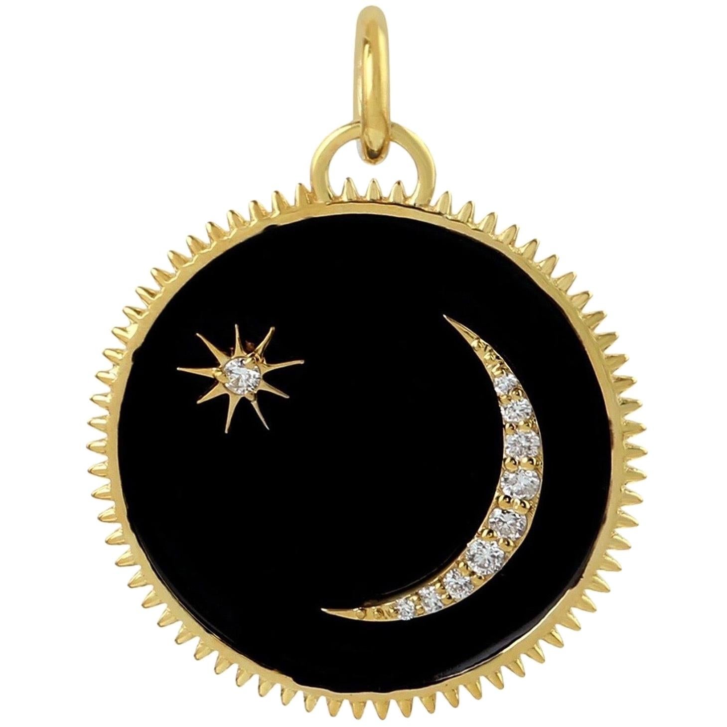Collier en émail noir, croissant de lune, médaillon en or 14K, breloque en diamant en vente