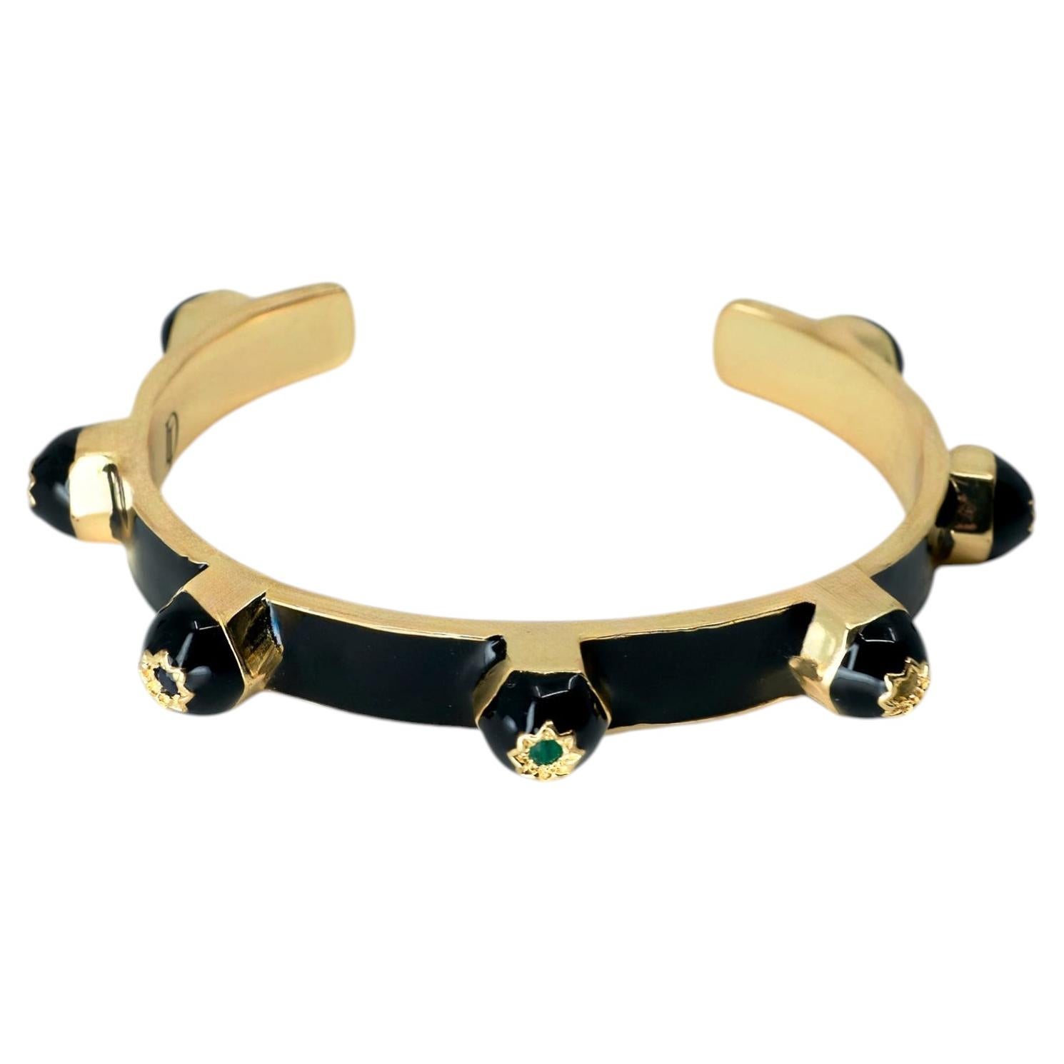 Studded Cuff Black Enamel Bracelet Chakra Emerald Gold For Sale