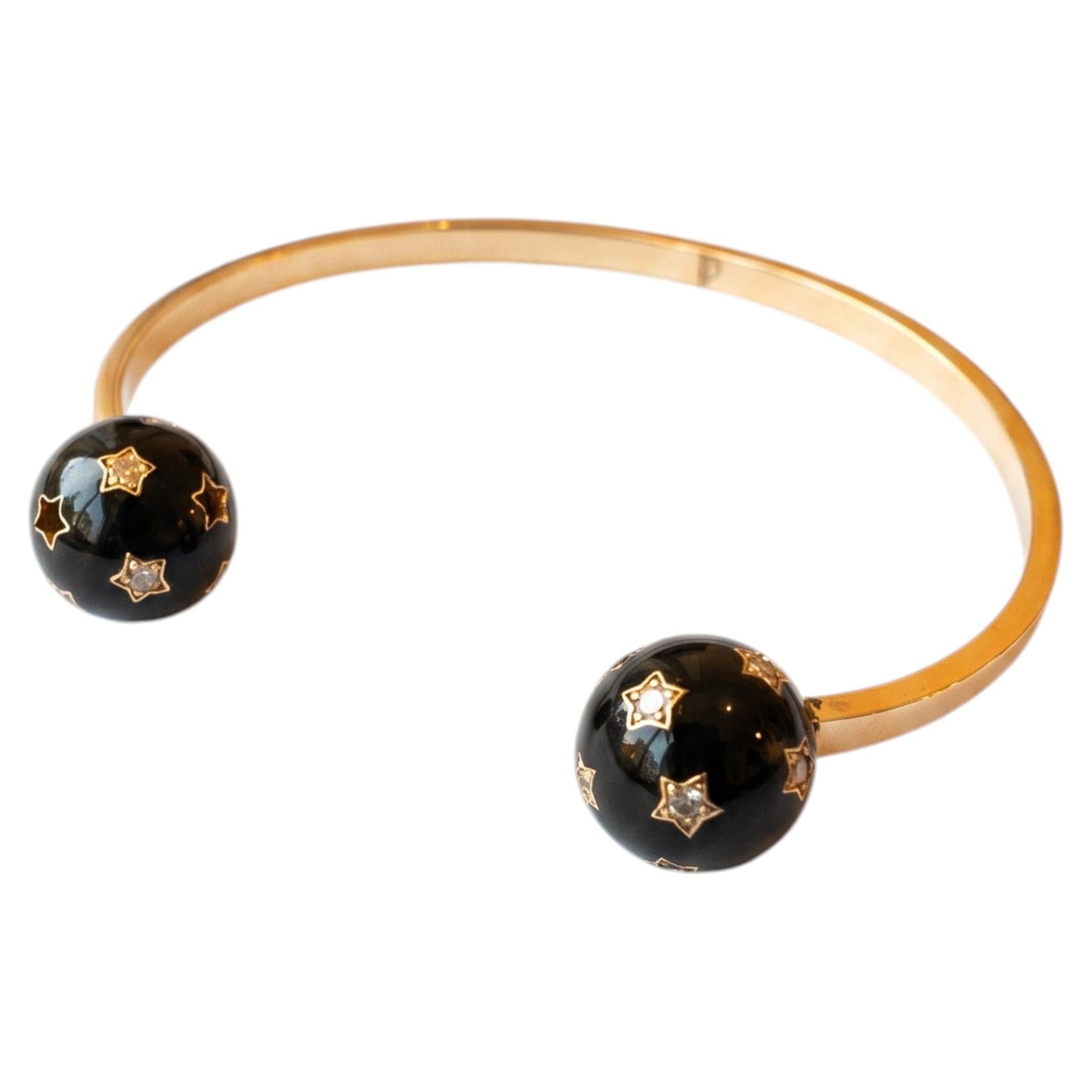 Black Enamel Cuff Star Bracelet Diamond Celestial Orb Sphere Open Bangle For Sale