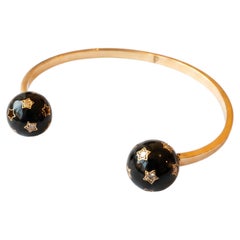 Black Enamel Cuff Star Bracelet Diamond Celestial Orb Sphere Open Bangle