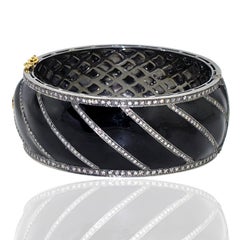 Black Enamel Cuff With Pave Diamond Lines Made in 14k gold & Silver