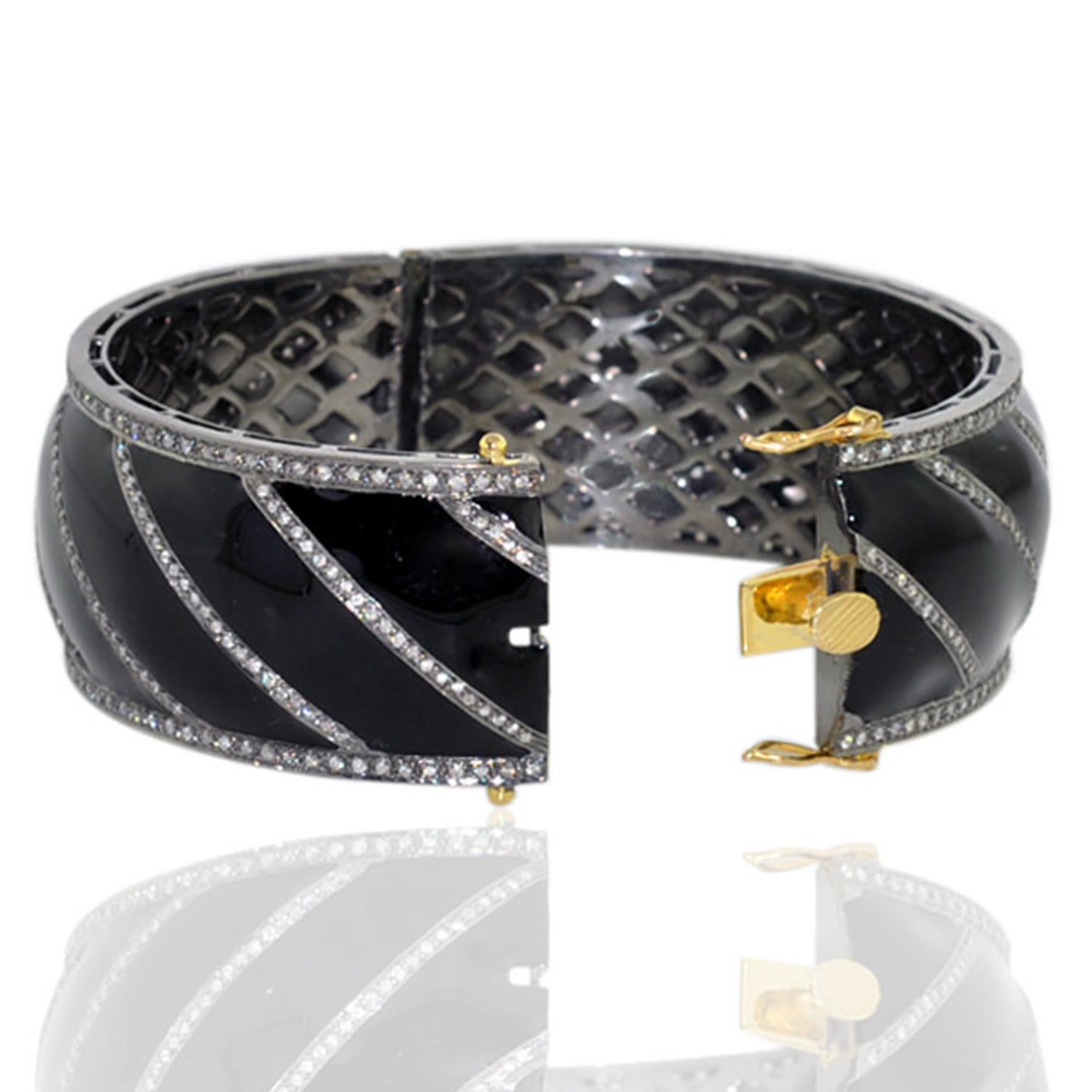 Art Deco Black Enamel Cuff With Pave Diamond Lines Made in 14k & Silver For Sale