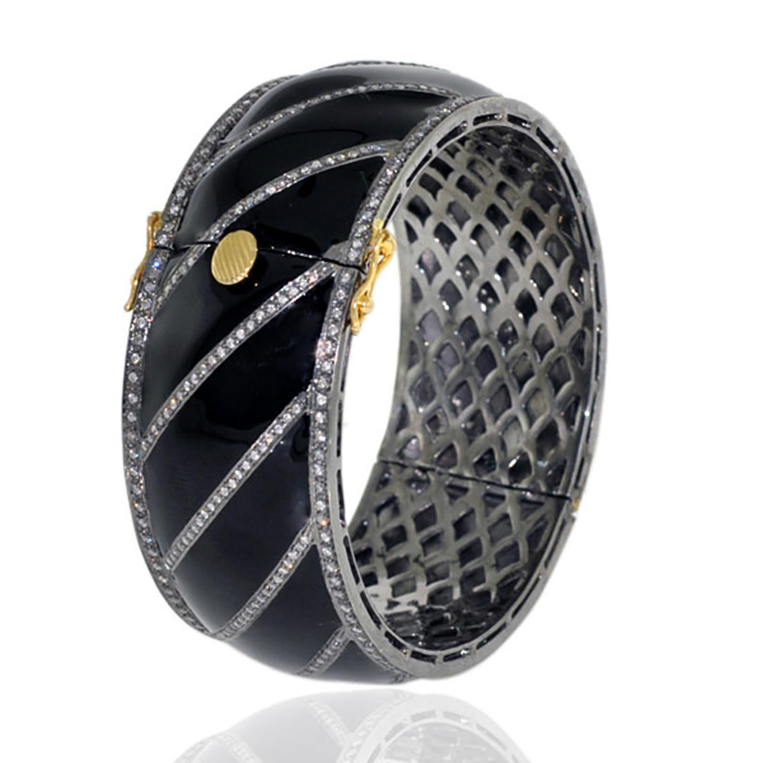 Mixed Cut Black Enamel Cuff With Pave Diamond Lines Made in 14k & Silver For Sale