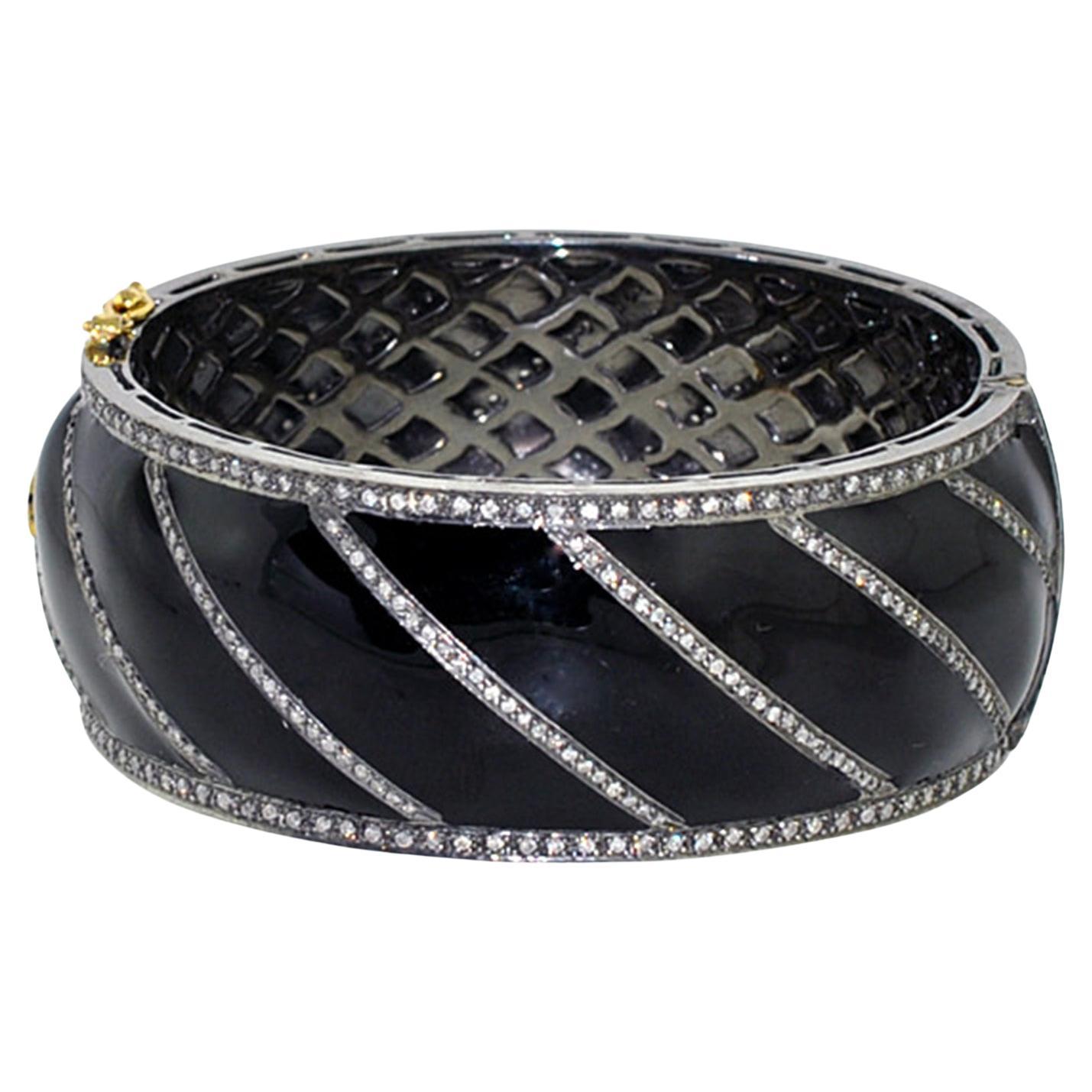 Black Enamel Cuff With Pave Diamond Lines Made in 14k & Silver For Sale