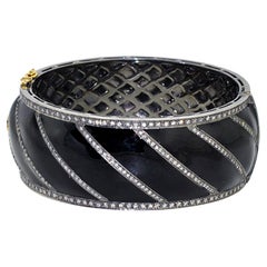 Black Enamel Cuff With Pave Diamond Lines Made in 14k & Silver