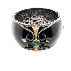 Black Enamel Designer Bangle with Diamonds and Emerald in Gold and Silver