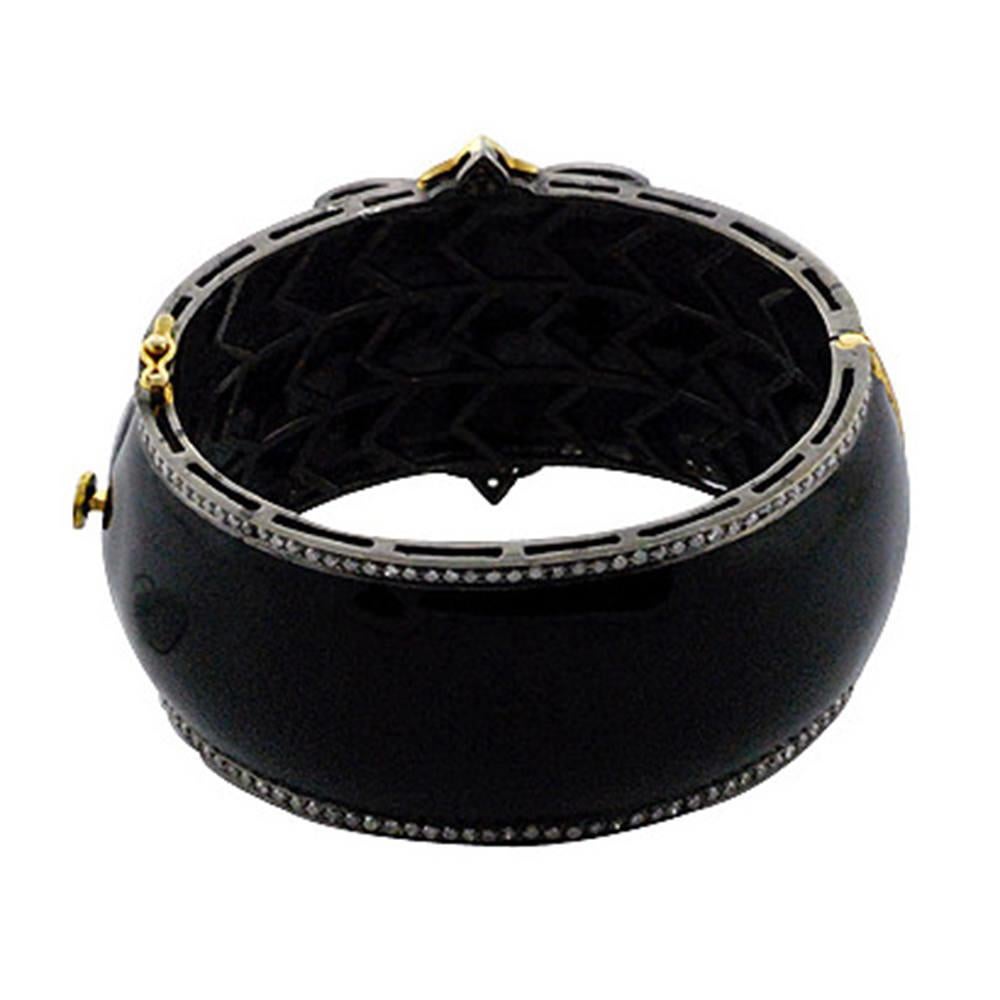 Modern Black Enamel Designer Bangle with Diamonds and Emerald in Gold and Silver For Sale