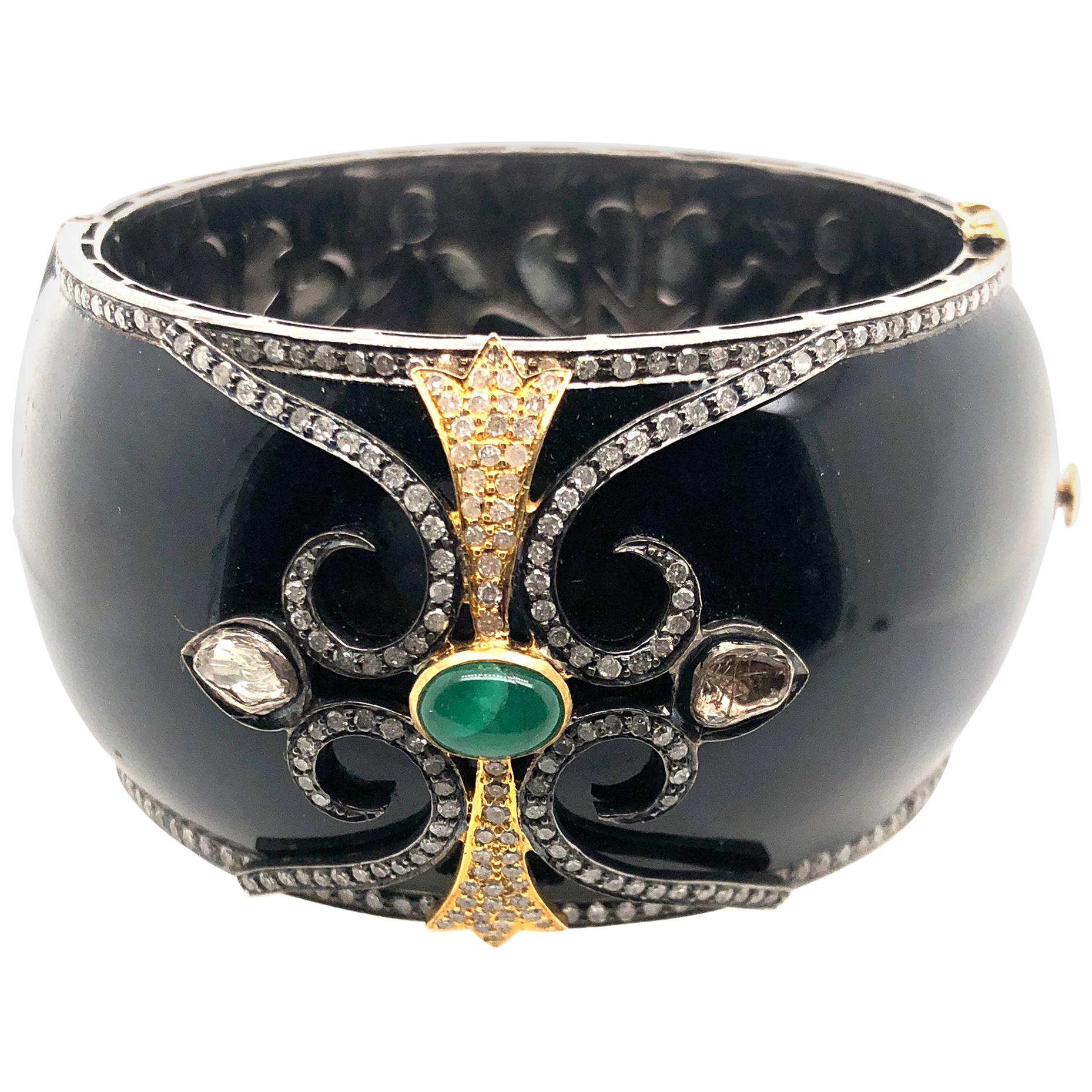 Black Enamel Designer Bangle with Diamonds and Emerald in Gold and Silver For Sale