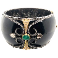 Black Enamel Designer Bangle with Diamonds and Emerald in Gold and Silver