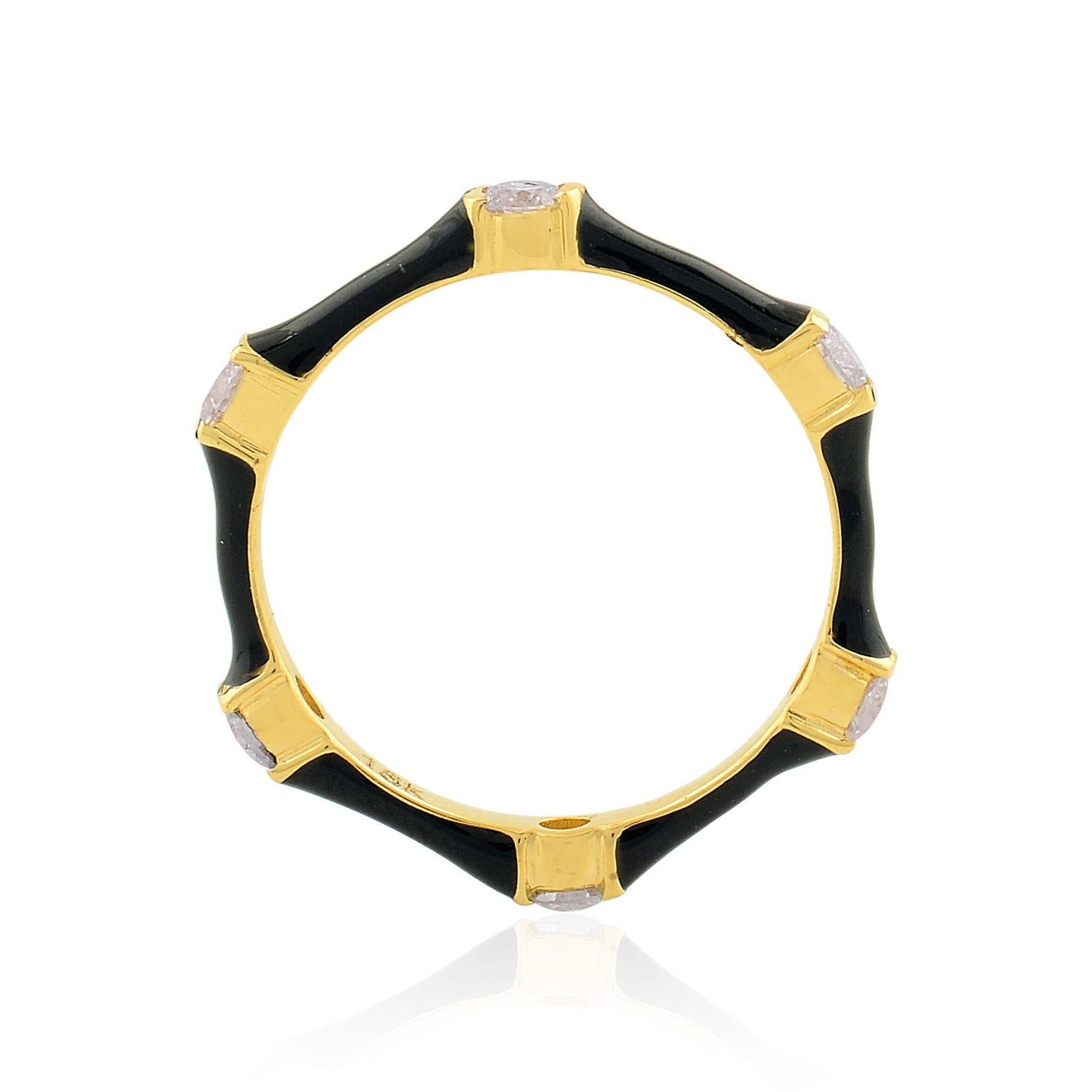 Contemporary Black Enamel Diamond 14 Karat Gold Ring For Sale