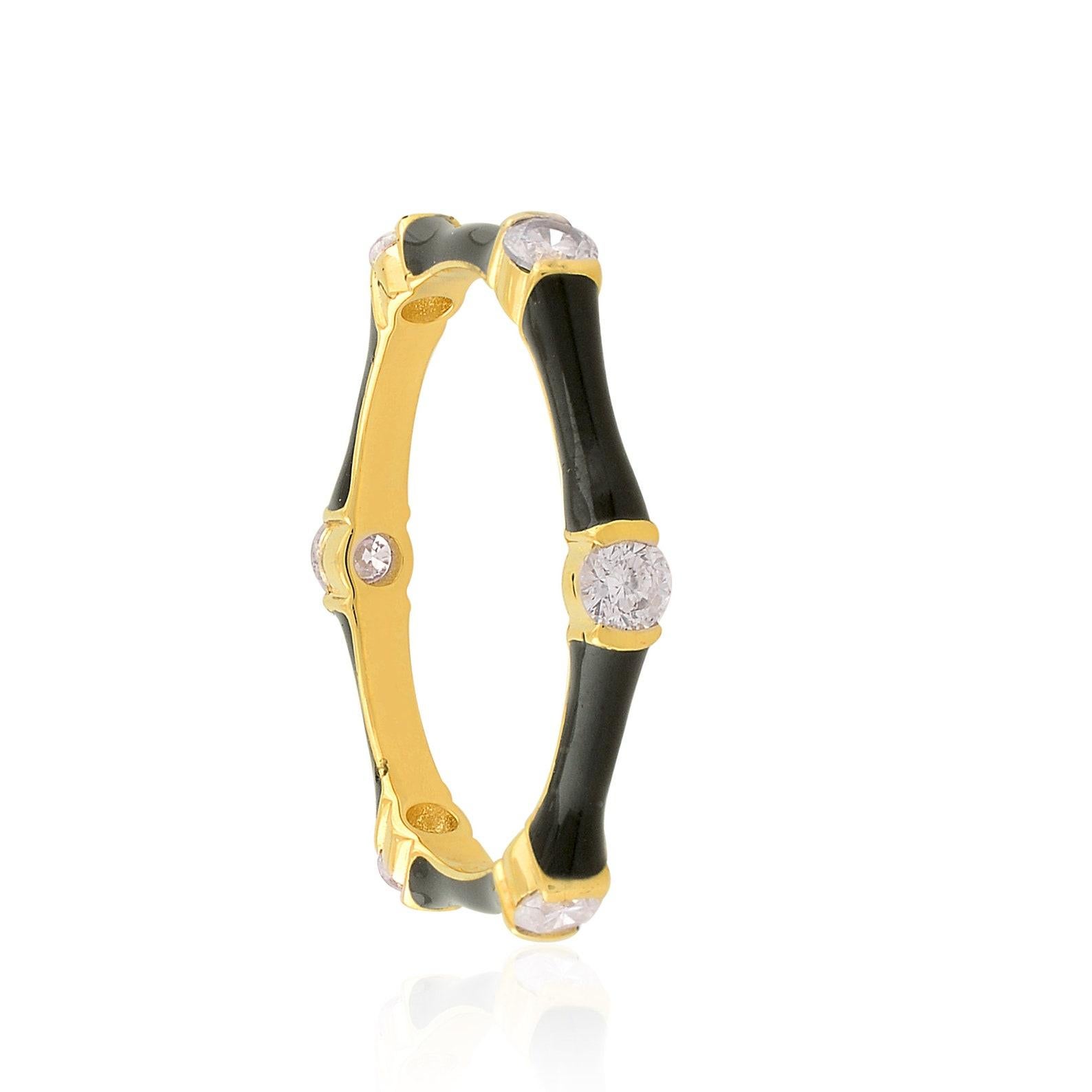 Mixed Cut Black Enamel Diamond 14 Karat Gold Ring For Sale