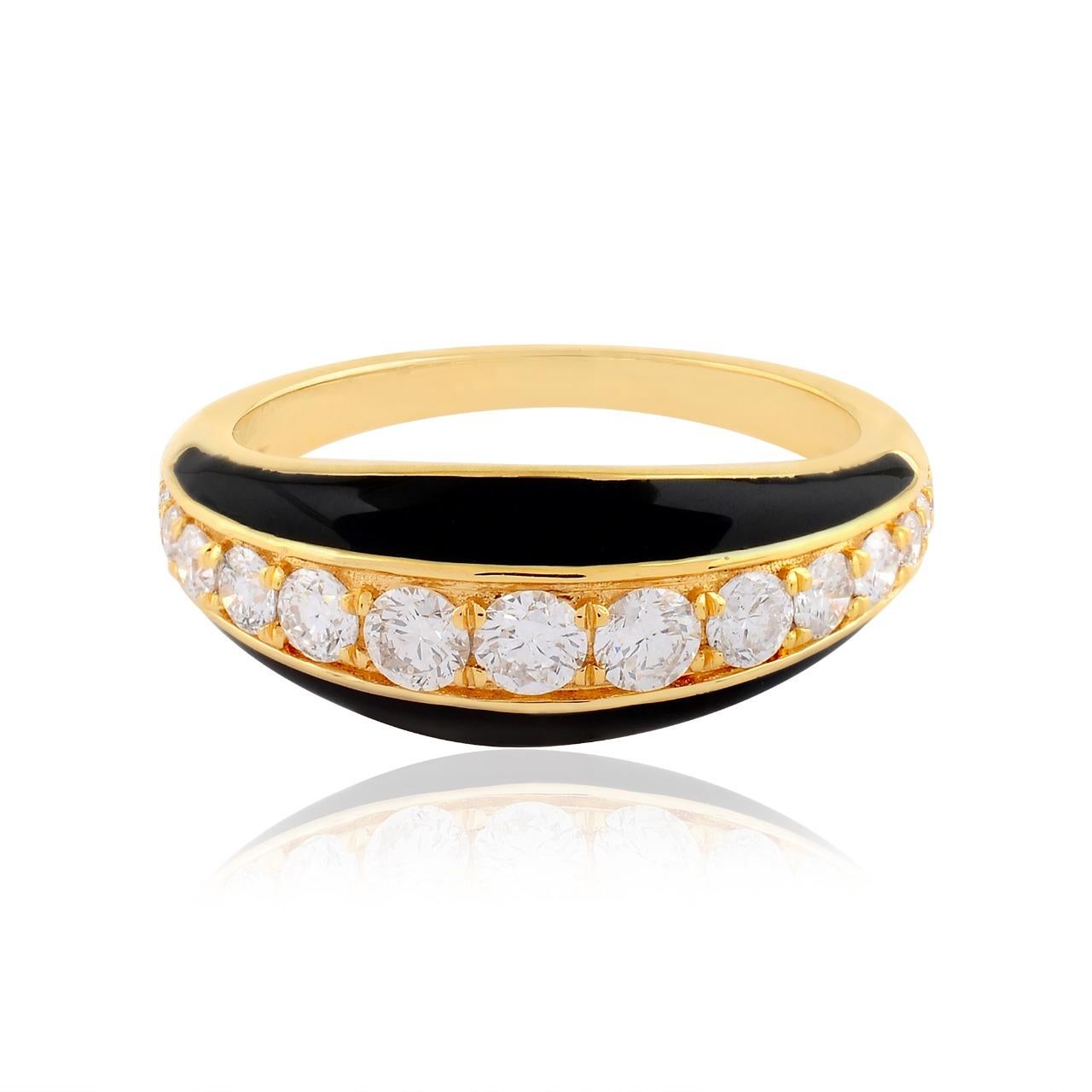 Modern Black Enamel Diamond 14 Karat Gold Ring For Sale