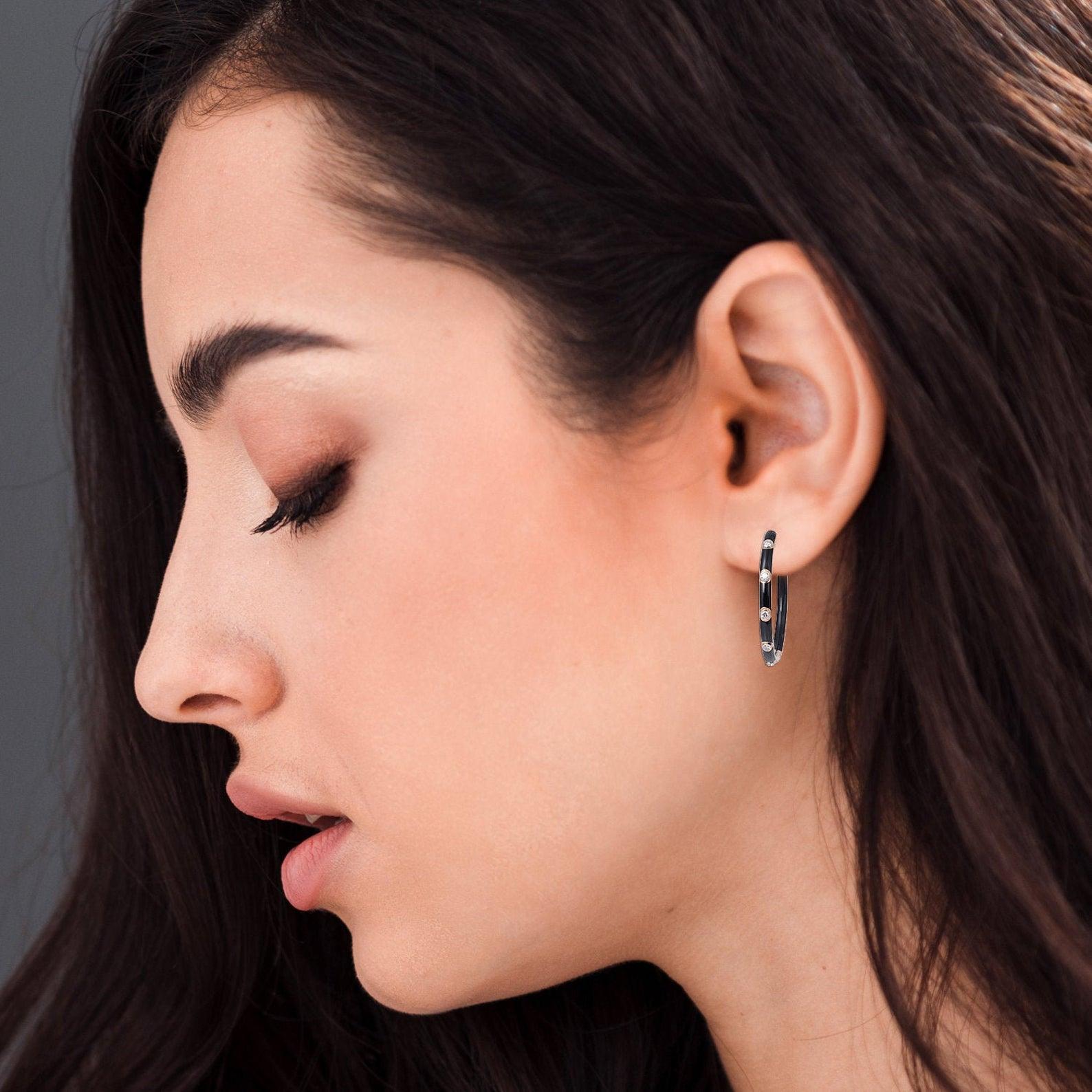 Mixed Cut Black Enamel Diamond 18 Karat Gold Hoop Earrings For Sale
