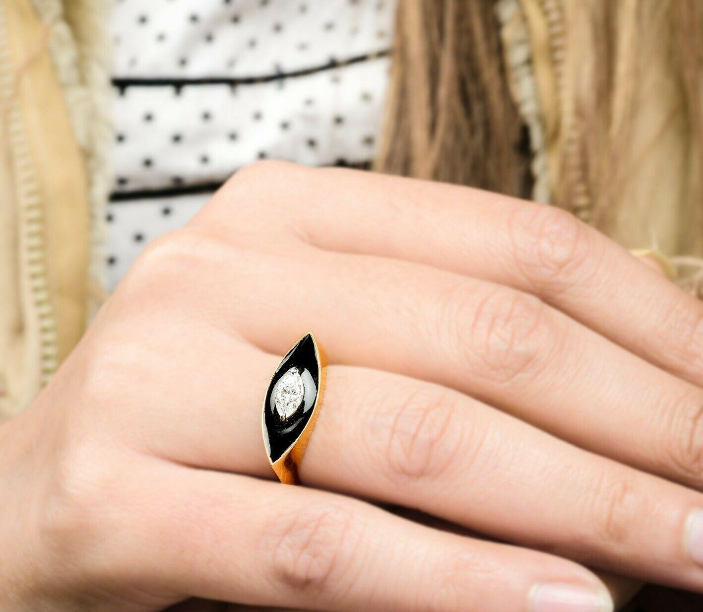 Modern Black Enamel Diamond 14 Karat Gold Marquise Ring For Sale