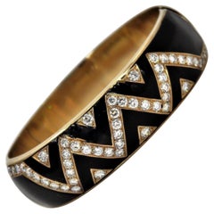 Black Enamel Diamond and Gold Bangle Bracelet