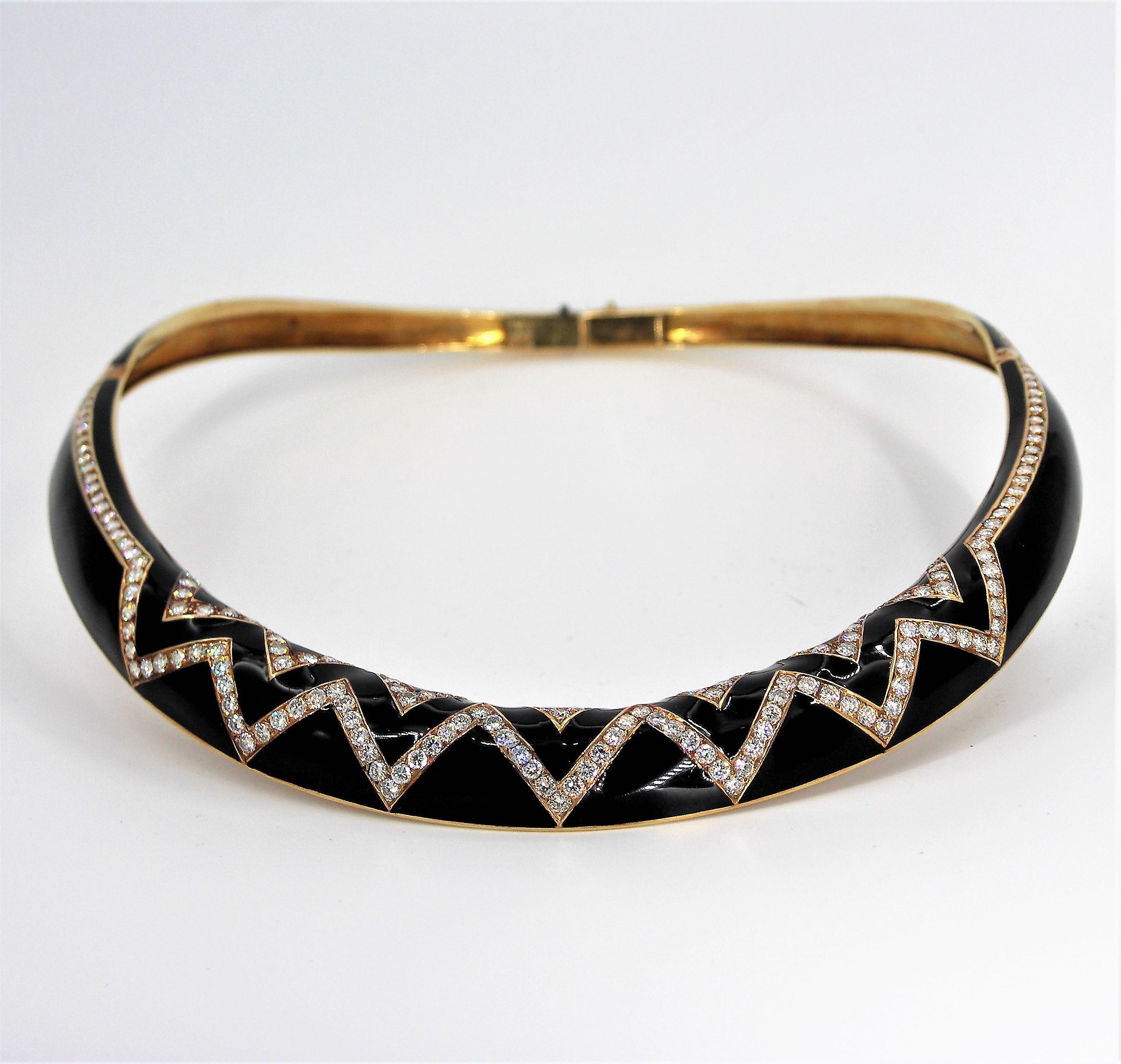 Round Cut Black Enamel Diamond and Gold Collar