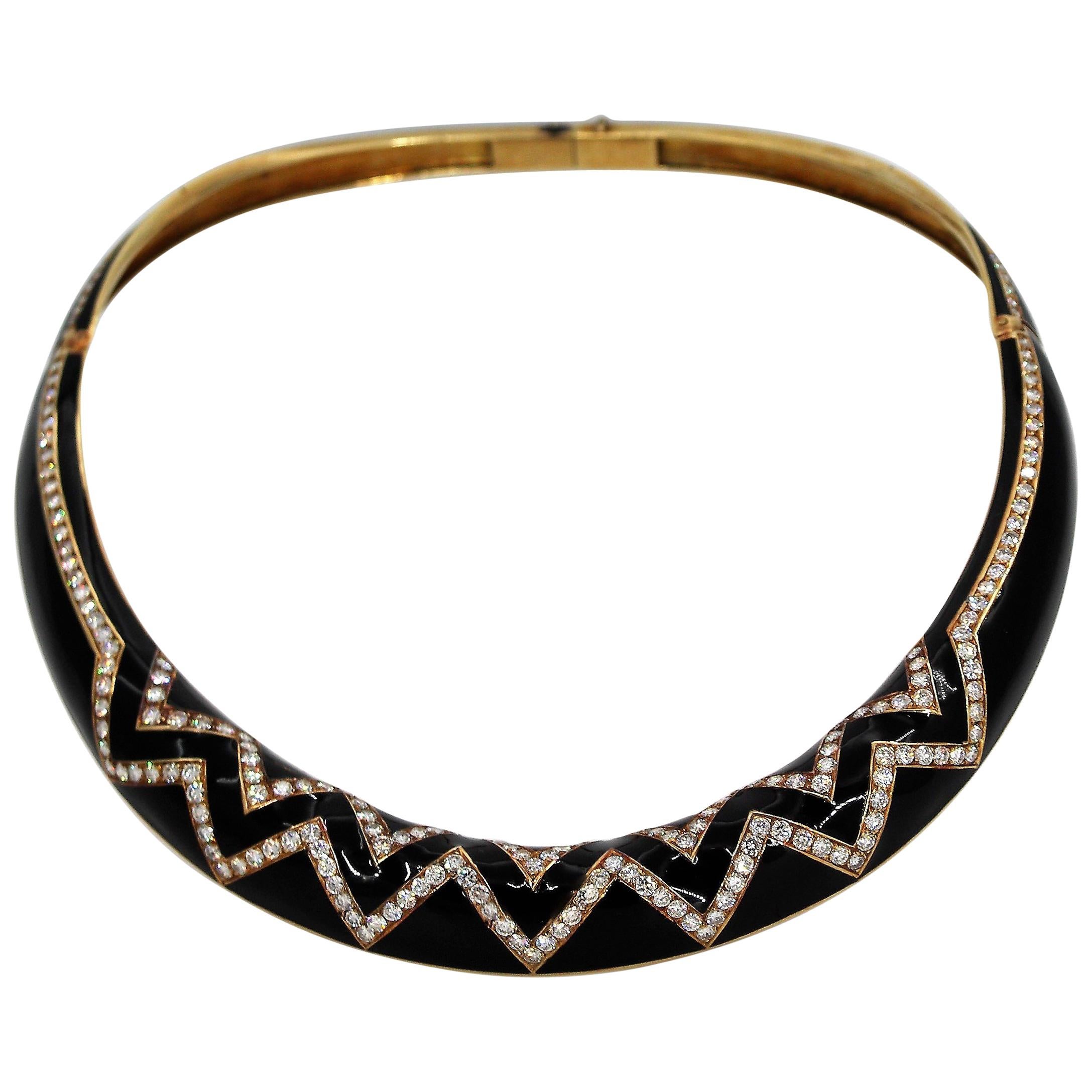 Black Enamel Diamond and Gold Collar