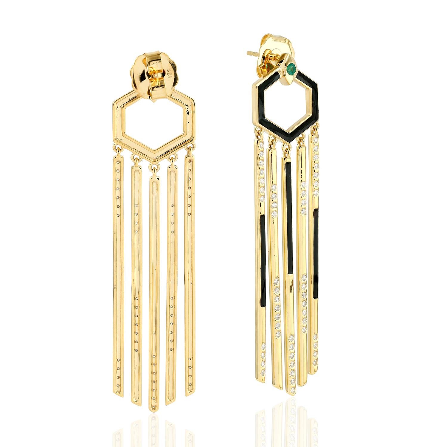 Contemporary Black Enamel & Diamond Chandelier Earrings With Emerald Made in 18k Yellow Gold For Sale