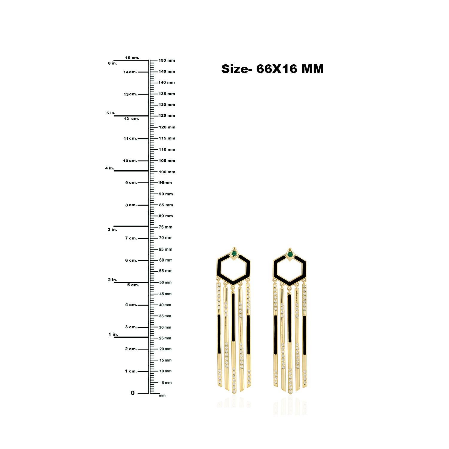 Mixed Cut Black Enamel & Diamond Chandelier Earrings With Emerald Made in 18k Yellow Gold For Sale