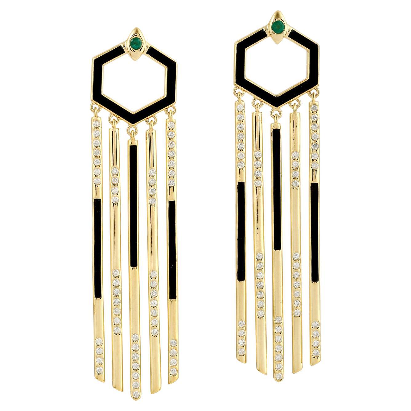 Black Enamel & Diamond Chandelier Earrings With Emerald Made in 18k Yellow Gold For Sale