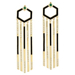 Black Enamel & Diamond Chandelier Earrings With Emerald Made in 18k Yellow Gold
