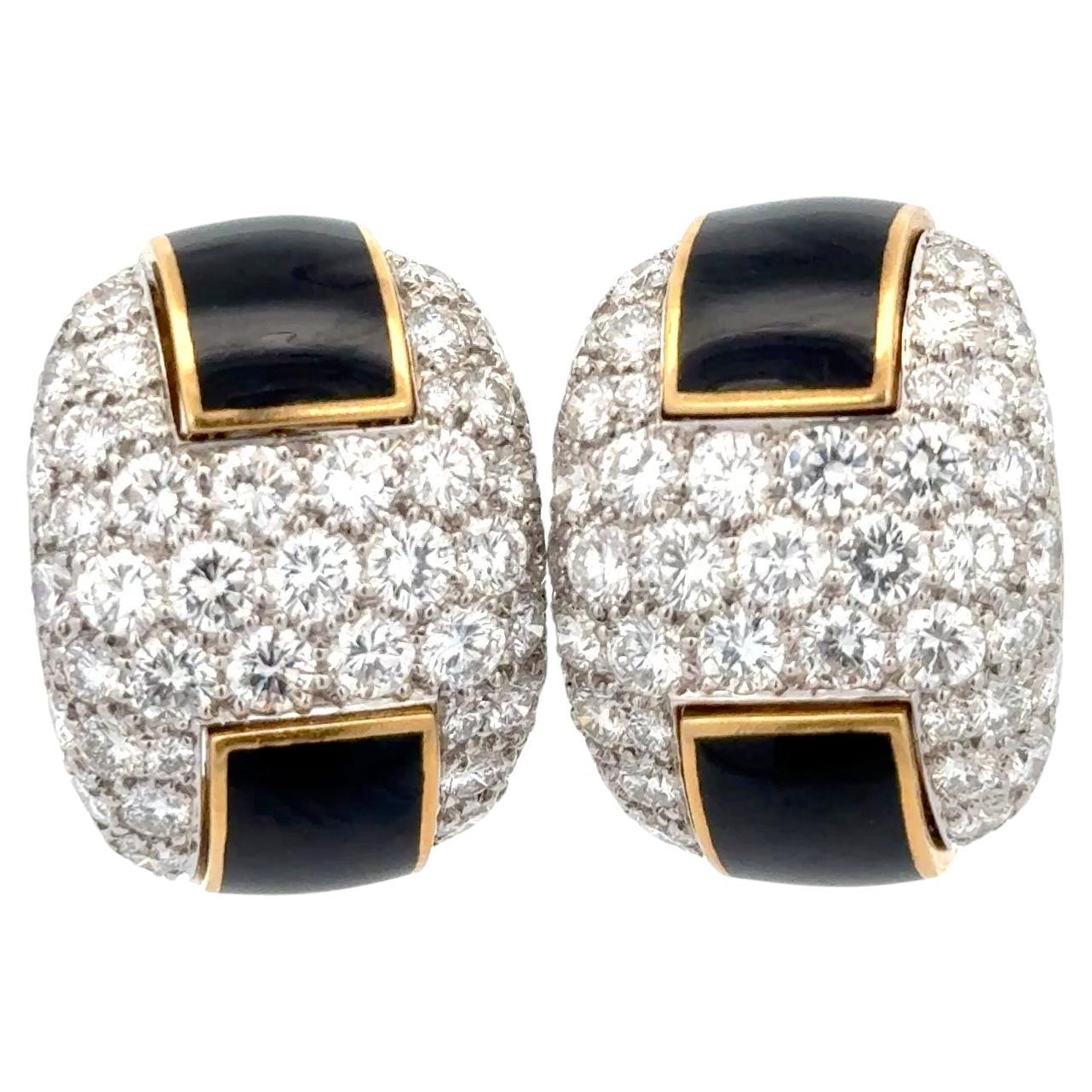 Black Enamel & Diamond Clip-on Earrings 18K Yellow Gold