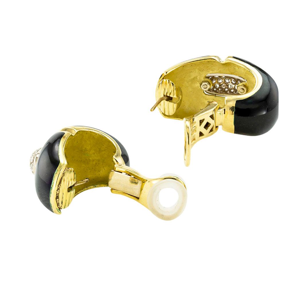 Modern Black Enamel Diamond Gold Clip Post Earrings For Sale