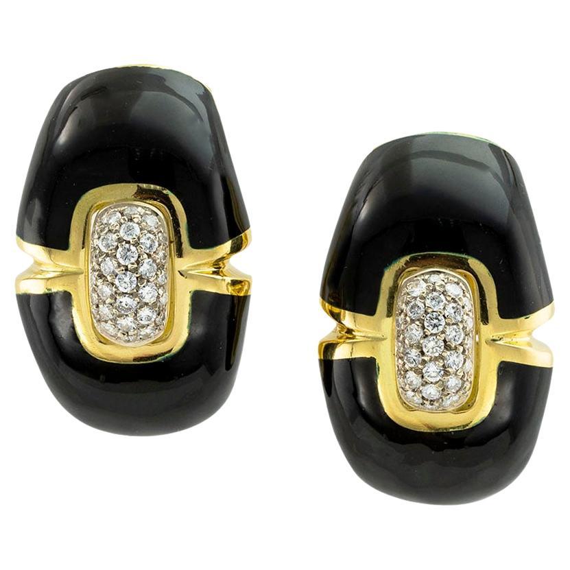 Black Enamel Diamond Gold Clip Post Earrings For Sale