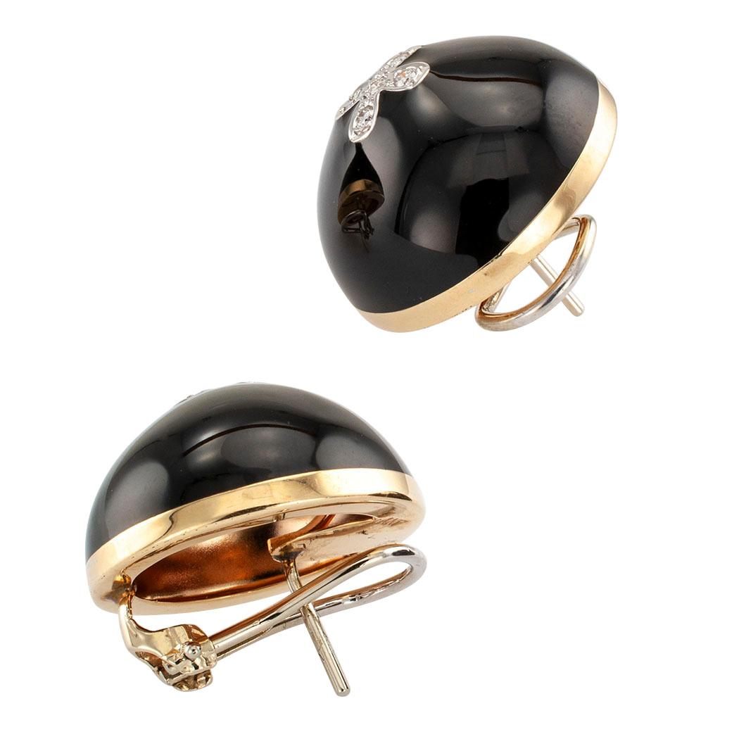 Black Enamel Diamond Gold Domed Earrings (Rundschliff)