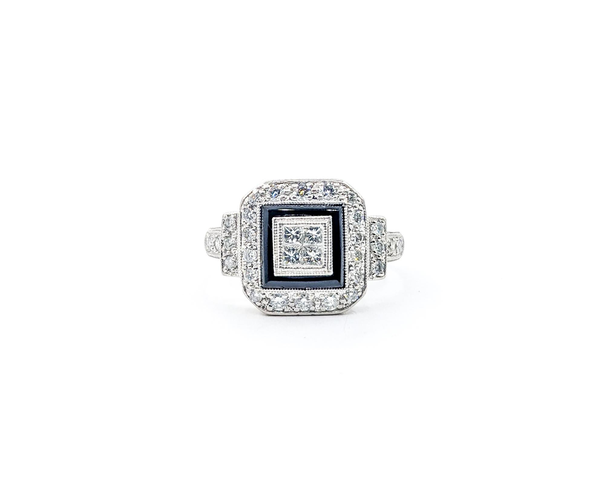 Round Cut Black Enamel & Diamond Ring In 950pt Platinum For Sale