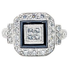 Retro Black Enamel & Diamond Ring In 950pt Platinum