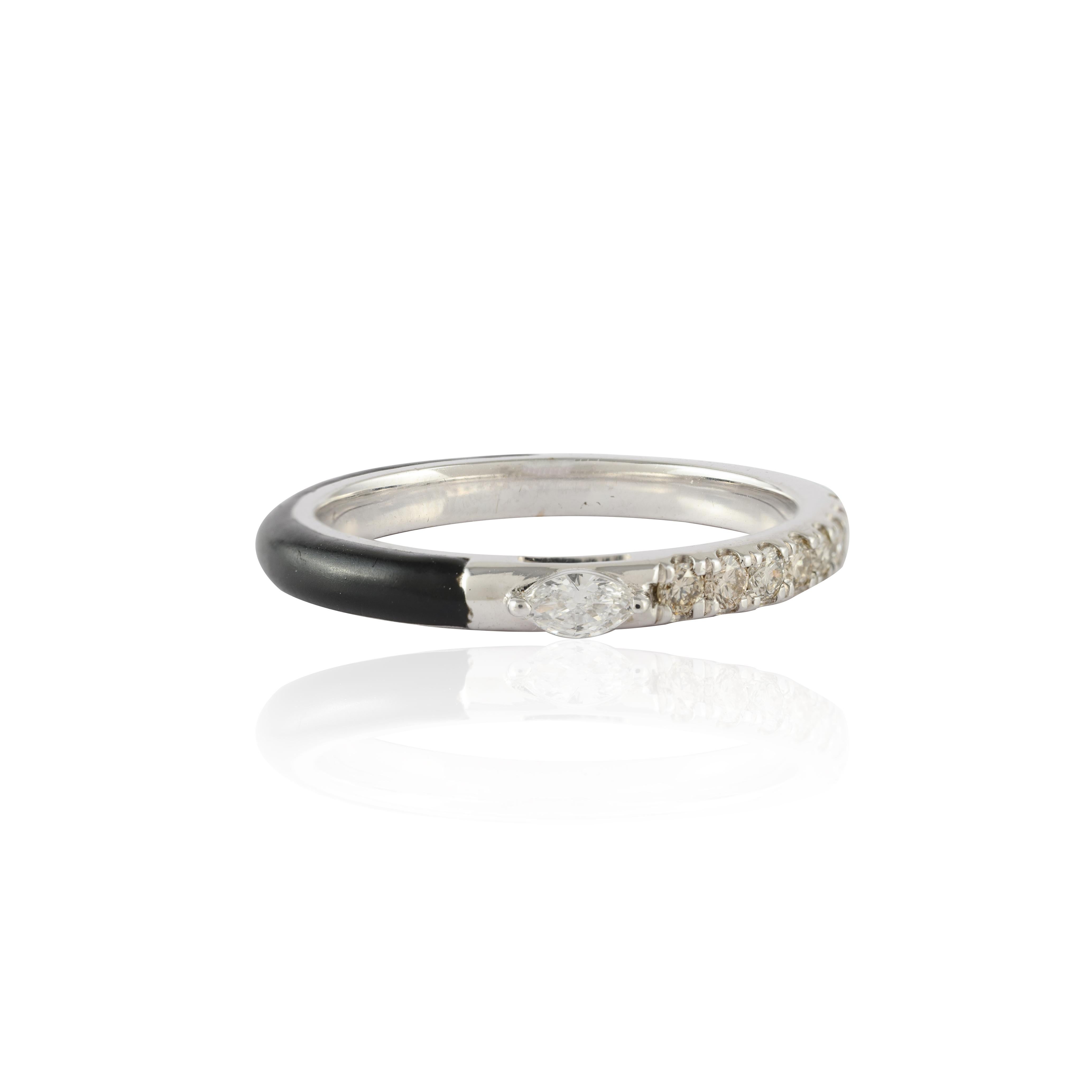 For Sale:  Black Enamel Diamond Stackable Band Ring 14k Solid White Gold 3