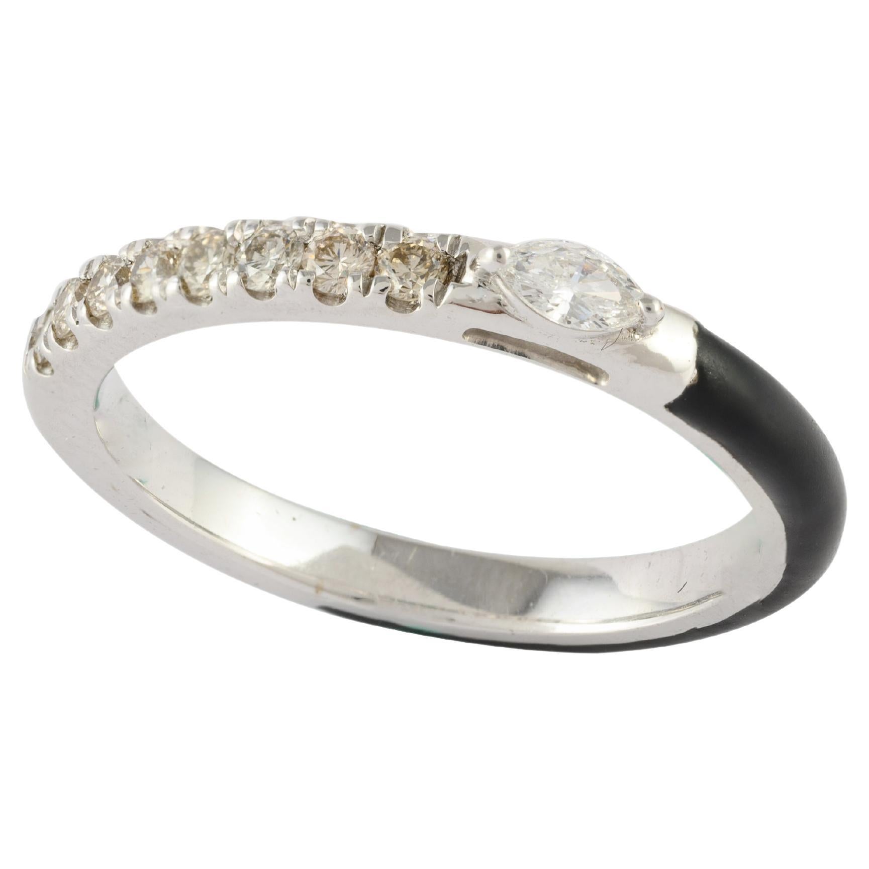 Stapelbarer Ring aus 14k massivem Weißgold mit schwarzer Emaille und Diamanten