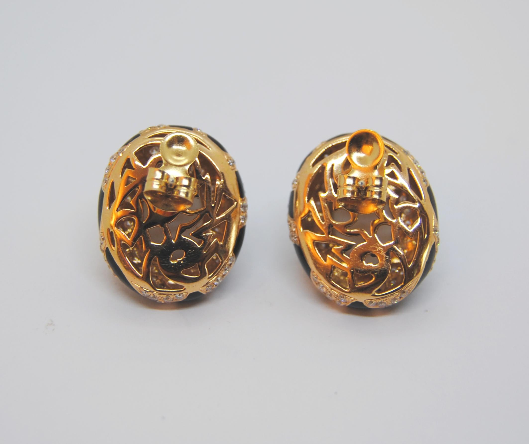 Contemporary  18k yellow gold, black enamel, diamonds, agate in Art Deco Style earrings 